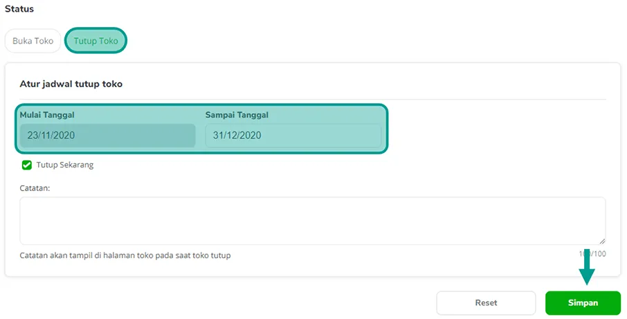 Contoh Menutup Toko di Tokped