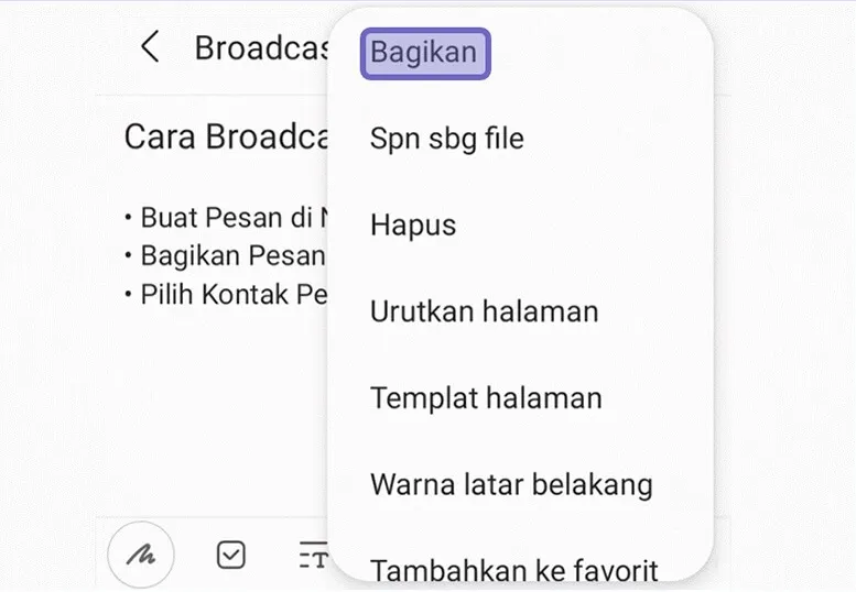 Opsi Bagikan di Notes