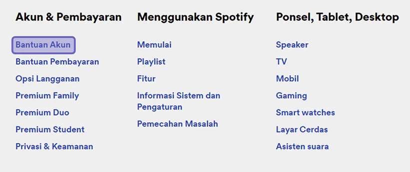 Opsi Bantuan Akun