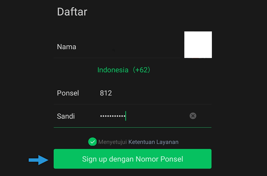 Opsi Sign up Nomor Ponsel