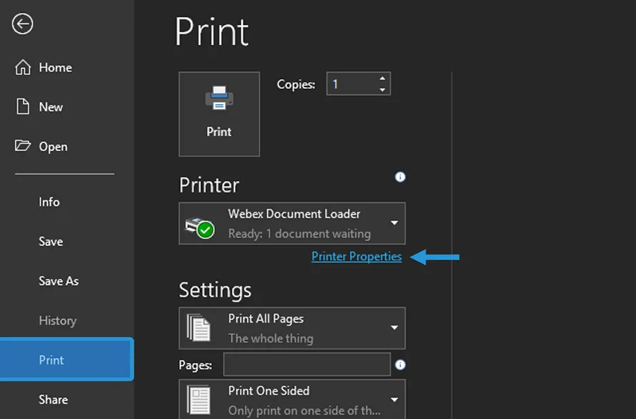 Menu Printer Properties Word