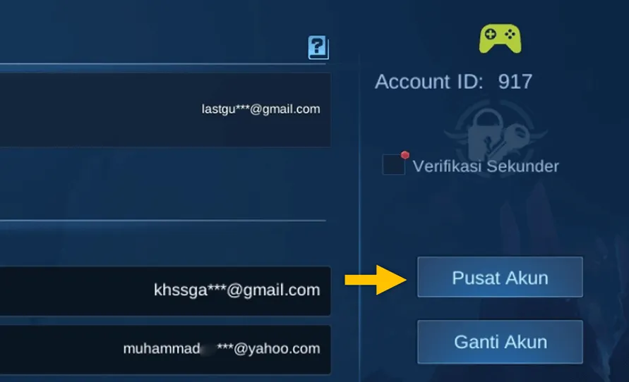 Menu Pusat Akun di Mobile Legends