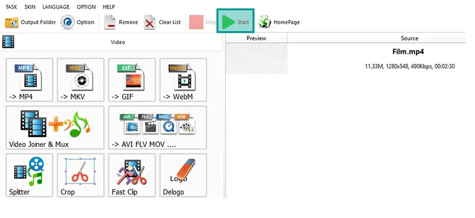 Menu Start di Format Factory