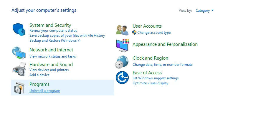 Uninstall Program Control Panel