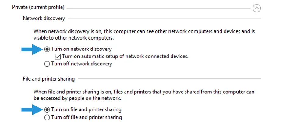Turn on network discovery dan printer sharing