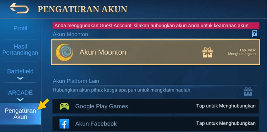 Menu Pengaturan Akun Mobile Legends
