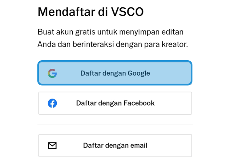 Menu Daftar VSCO