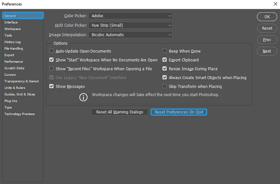 Opsi Reset Preferences on Quit