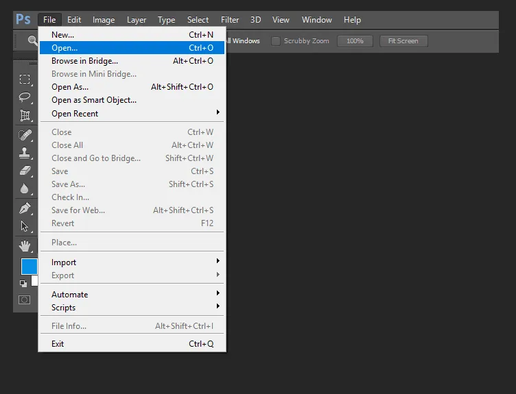 Menu Open Gambar di Photoshop
