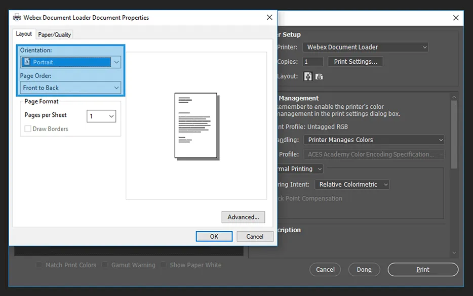 Menu Print Layout Settings