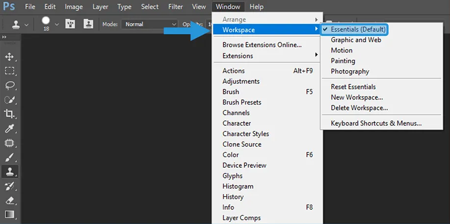 Menu Reset Tampilan Photoshop