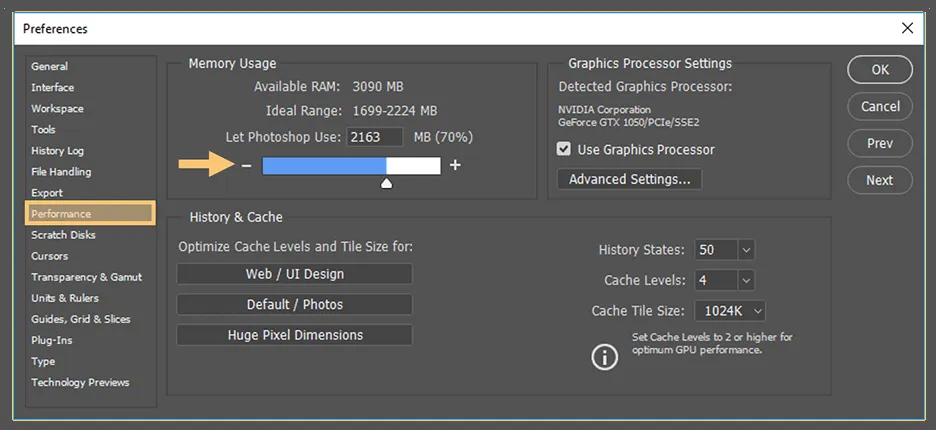 Atur Memory Usage Photoshop