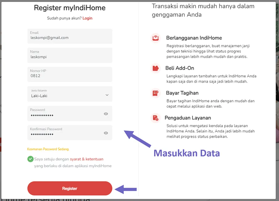 Mengisi Data Akun Situs IndiHome