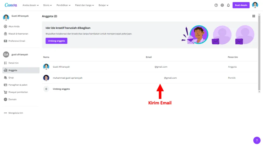 Kirim Email ke Pemilik Akun Canva