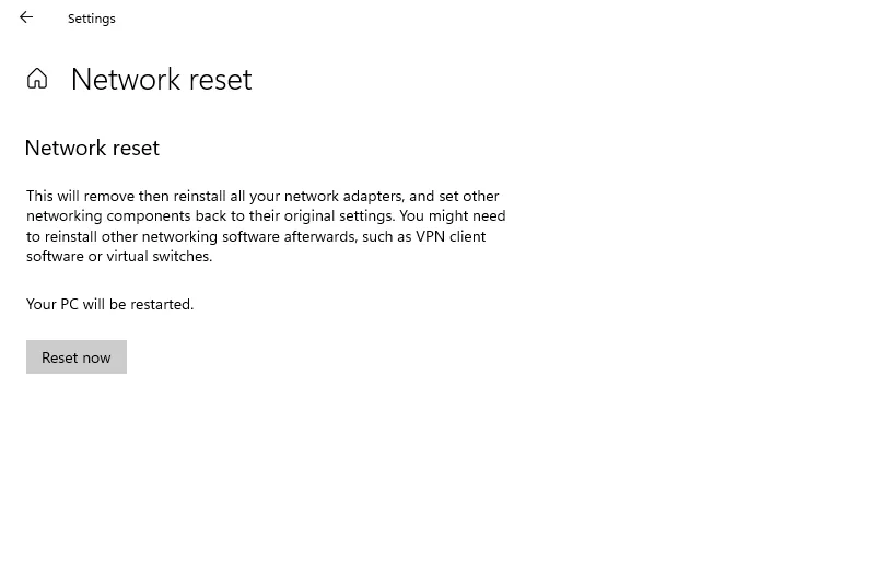 Network Reset di Windows