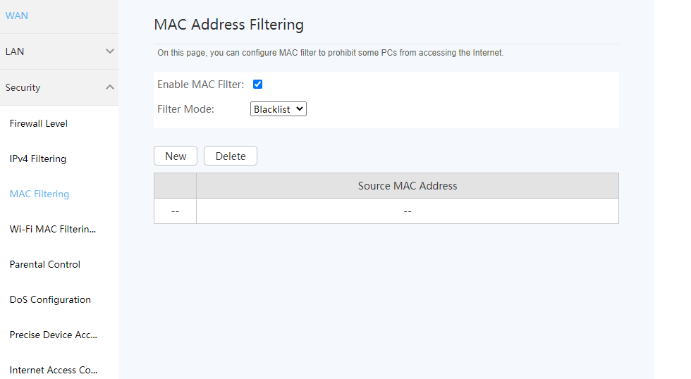 Menu Filtering Mac Address