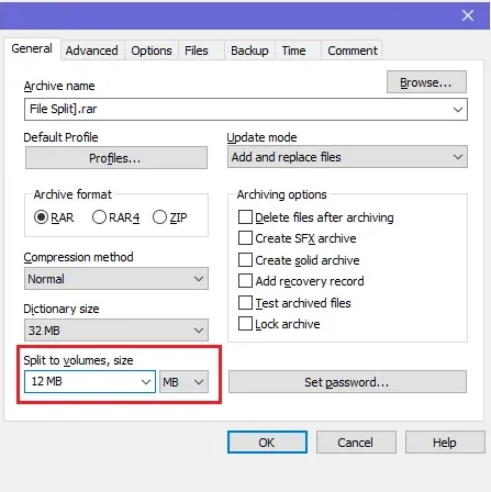 Setting Split RAR