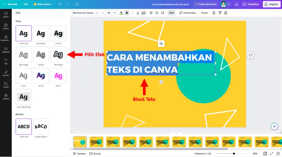 Memilih Efek Teks Canva