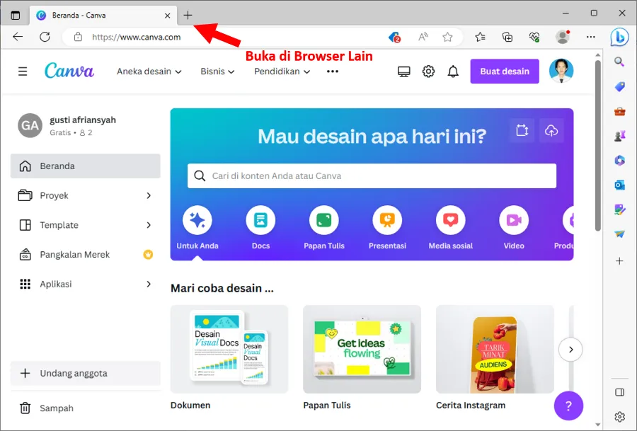 Mencoba di Browser Lain