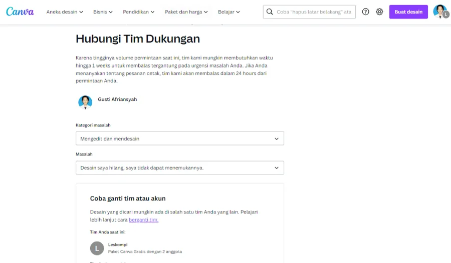 Kirim Tiket Contact Support Canva