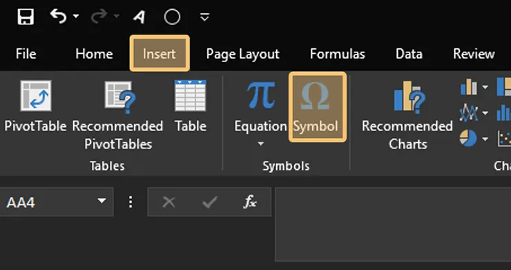 Menu Simbol di Excel