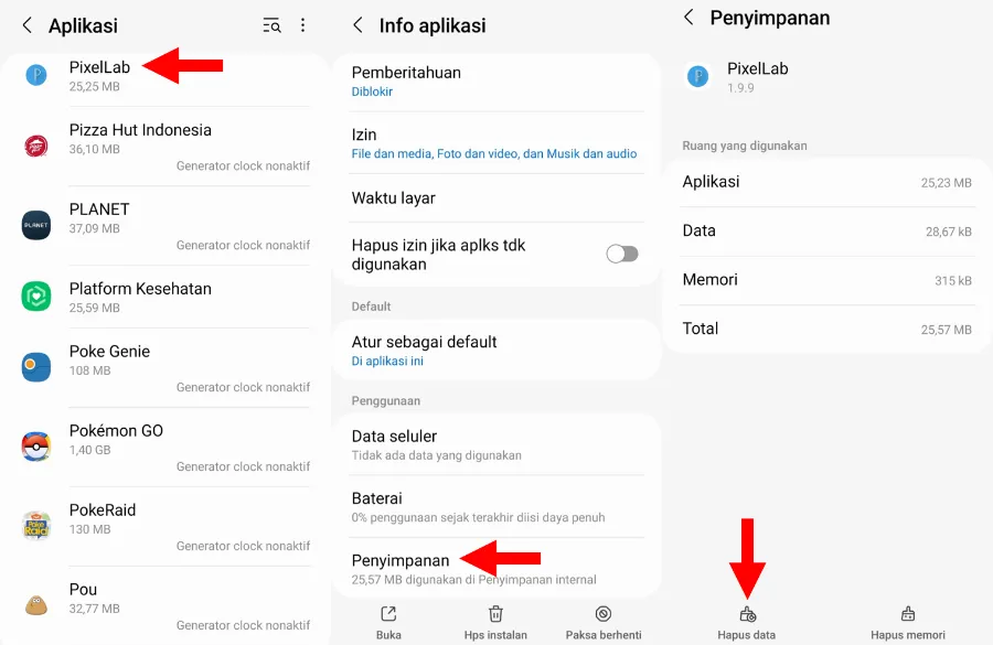 Hapus Data Aplikasi PixelLab