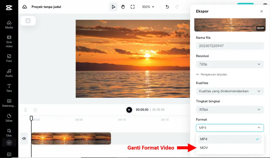 Coba Ganti Format Video Capcut