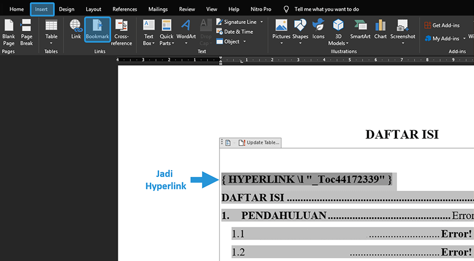 Memilih Menu Bookmark Word