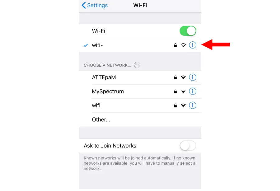 Menu WiFi iPhone