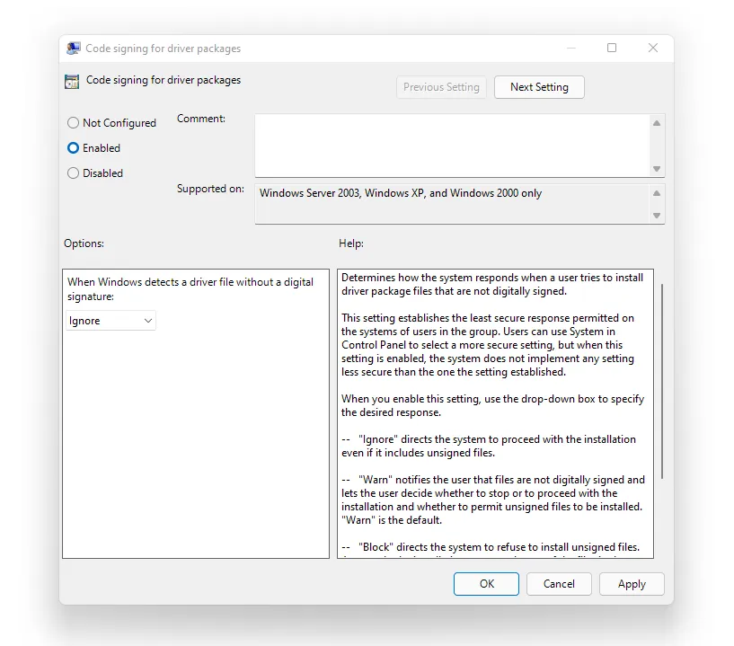 Opsi Disable Driver Signature di Gpedit