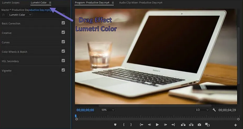 Drag Lumetri Color di Premiere