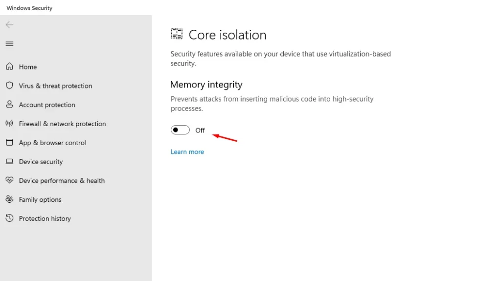 Memory Integrity Windows